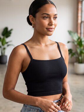 NWT | Black Ribbed Knit Cropped Racerback Camisole Tank Top | Large